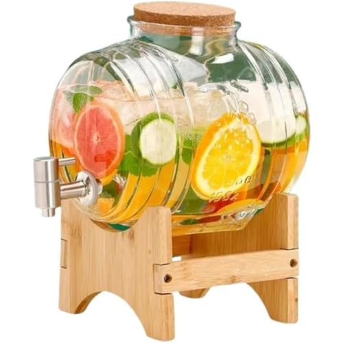 Auybuig ガラス製 ワイン樽 フルーツ酵素樽 5L 木製フレーム 密閉容器 果実酒作り 仕込み瓶 家庭用 キッチン収納 ジュースディスペンサー 飲料保存瓶 梅酒 酵素ドリンク 手作りキット (5L+ステンレス製蛇口,ベース付き)