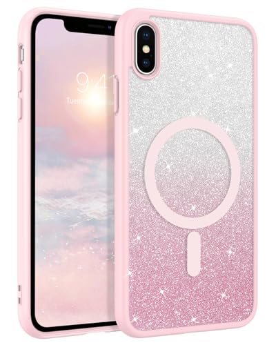 DUEDUE Cover Magnetica per iPhone X/XS 5.8'[Compatibile con MagSafe], Custodia per iPhone XS/X Case Glitter Sottile Lucida TPU Silicone Anti-Scivolo, Ricarica Magnetica Wirelesse, Gradiente Rosa
