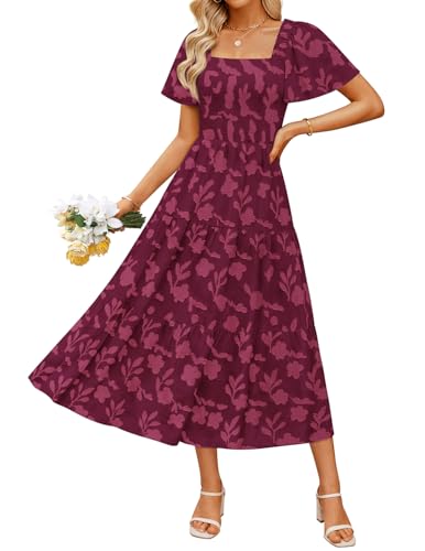 ZESICA Women‘s Summer Boho Floral Midi Dress 2026 Casual Short Sleeve Square Neck Flowy Beach Vacation Long Dress,Wine,Large