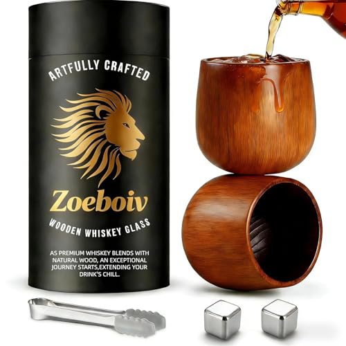 Bourbon Gifts for Men, Wooden Whiskey Tumbler Set of 2 with Ice Stones & Tong, Charred Natural Hardwood Cups for Old Fashioned, Unique Whiskey Gifts for Husband Boyfriend