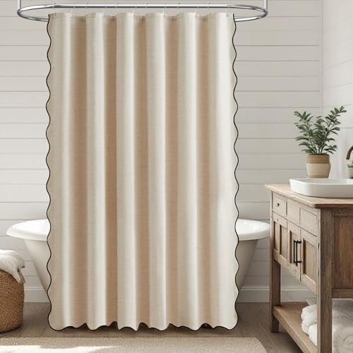 BTTN Beige Scalloped Shower Curtain, Boho Linen Textured Heavy Duty Shower Curtain Set with 12 Plastic Hooks, Elegant Decorative Waterproof Fabric Shower Curtains for Bathroom - 72x72 - Cream by BTTN - Image 7