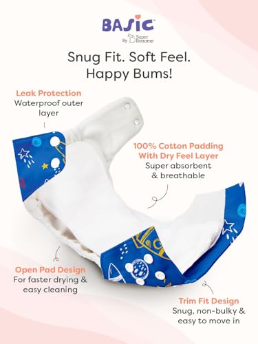 Image of SuperBottoms Basic Leakage-Proof Advanced Reusable Cloth Diapers (3 Months-3 Years, Adjustable) with 2 Diapers & 2 Insert Pads Combo + 99% Pure Water Baby Wet Wipes (72 pcs)