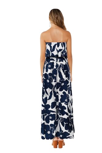Image of ZMPSIISA Women's Summer Off The Shoulder Maxi Dress Ruffle Strapless Blue White Porcelain Boho Casual Loose Long Dresses