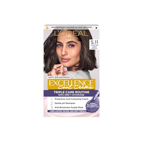 L'Oréal Paris Excellence Cool Crème Permanent Hair Dye, Radiant At-Home Hair Colour with up to 100% Grey Coverage, Pro-Keratin, Up to 8 Weeks of Colour, Colour: 5.11 Ultra Ash Light Brown