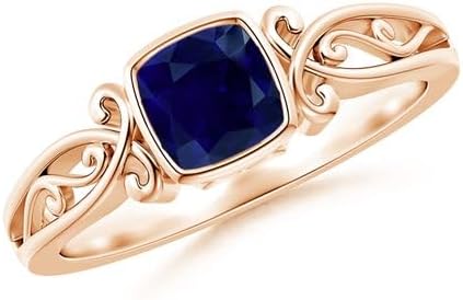 Blue Sapphire Vintage Scrollwork Band Ring for Women in Plated 925 Sterling Silver, Cushion Cut 5 mm 0.75 Carat Sapphire Gemstone, Stacking & Anniversary Jewelry Gift