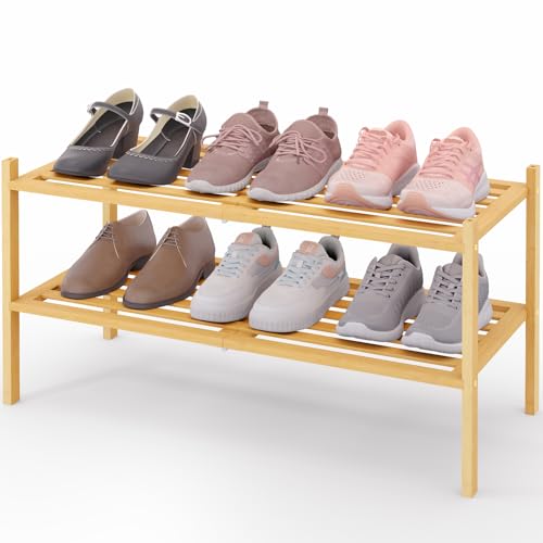 Image of Smiry Bamboo Shoe Rack, 5 Horizontal Slats, 2 Tier - 26.8 inch Wide, Natural