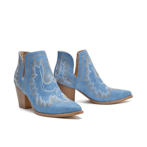 Image of SelRoys Cowboy Boots for Women Cowgirl Ankle Western Embroidered Stitched Pointed Toe Cutout Chunky Heels Short Booties Red Brown Black US5-11