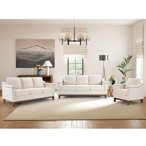 Image of Modern 3 Piece Sofa Set with Rivets, Included Chenille Accent Chair, and Upholstered 3-Seater Couches Set of 2 with Solid Wood Legs, Living Room Furniture Set,Beige