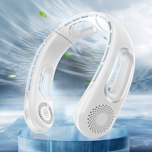 Dnenellr Ventilador de Cuello Portátil, 5200mAh Ventilador Cuello USB Recargable, Diseño de Excavación de Agujeros, Ventilador de Cuello Silencioso con 4 Velocidades para Deporte Oficina Hogar