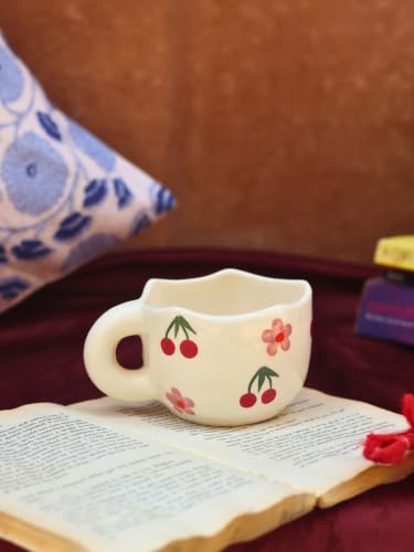 Image of WEAVING HOMES Daisy Bloom Mugs for Office, Stylish Tea Cups for Woman, Modern Coffee Mug for Travel (250 Ml) (1, WEAVING HOMES Cherry Fields Mug 220ml Mirowave & Dishwasher Safe)