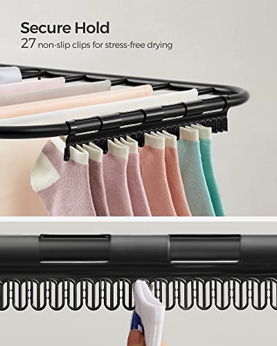 SONGMICS Clothes Airer, Foldable Clothes Drying Rack, Clothes Horse with Height-Adjustable Wings, Free-Standing Laundry Drying Rack, Indoor and Outdoor Use, Steel, Black LLR502B01 - Image 5