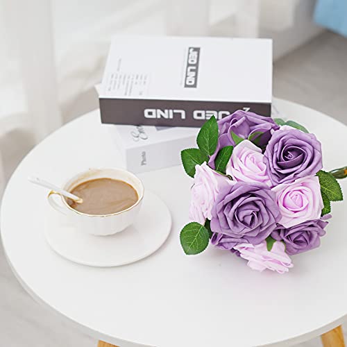 Asyouwish Artificial Flowers 25Pcs Real Touch Fake Rose With Stems Foam Roses Bulk For Diy Wedding Bouquets Centerpieces Arrangements Party Baby Shower Home Decorations, Lilac&Purple #TOP6