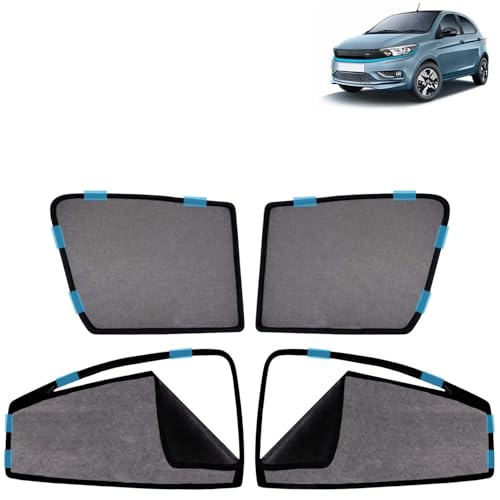 Image of KINGSWAY Car Sun Shade Curtains Only Compatible with Tata Tiago EV (2023 Onwards) | Front Window in Half Cut and Rear in Zipper (Magnetic) | UV & Heat Protection | Pack of 4 Pcs