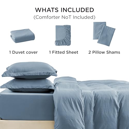 Image of Bedsure Duvet Cover Queen Size with Fitted Sheet - 4 Pieces Prewashed Cotton-Like Polyester Extra Soft Bedding Set, Includes 1 Duvet Cover 90x90 Inches, 2 Pillow Shams, 1 Fitted Sheet, Mineral Blue