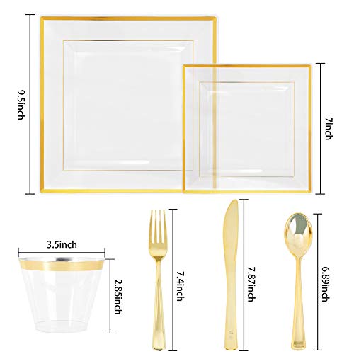 WELLIFE 150 Pieces Gold Plastic Square Plates, Clear Square Plastic Plates with Gold Trim, Includes: 25 Dinner Plates10.25”, 25 Dessert Plates7.5”, 25 Cups 9 OZ, 25 Cutlery