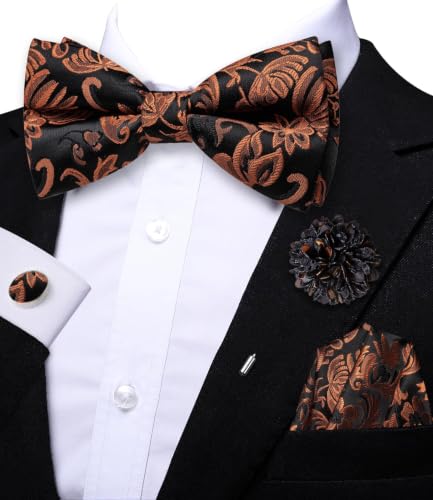 Image of Dubulle Mens Paisley Striped Bowtie Set Pre-tied Bowtie for Men and Pocket Square Set Wedding Business