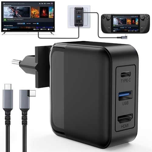 65W USB C Hub Charger for Steam Deck Adapter 4K 60Hz HDMI, USB 3.0, USB C GaN PD Fast Charging Port, 3 in 1 TV Mode Adapter for Steam Deck Dock/ROG Xbox Ally/iPad/Galaxy/Tablet/MacBook Portable Travel