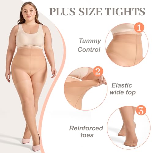 2 Pairs Plus Size Control Top Pantyhose Ultra-High Waist Tights 40D Sheer Shaping Support Stockings2