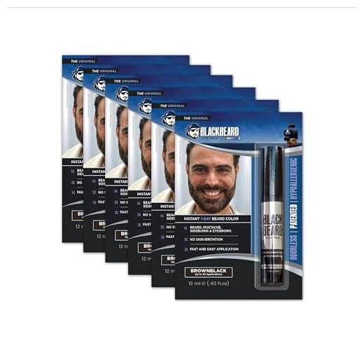 Blackbeard for Men Formula X Instant Mustache, Beard, Eyebrow and Sideburns Color - Fast, Easy, Men’s Grooming, Beard Dye Alternative, Brown / Black, 6 Pack