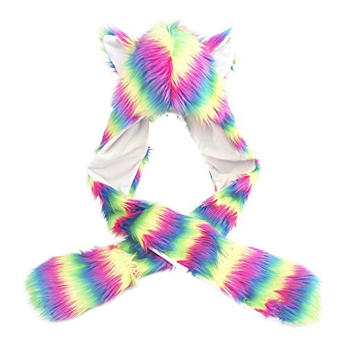 Unisex 3 in 1 Winter Thermal Plush Earflap Hooded Hat Scarf Pocket Gloves Set Faux Fur Windproof Animal Themed Costume Hat2