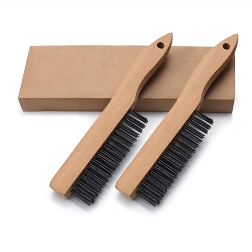 Image of Wire Brush, 2PCS Heavy Duty Wire Brush, Stainless Steel Wire Scratch Brush for Cleaning Rust, Wire Brush with 10 inch Curved Beechwood Handle（Black）
