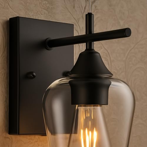 Image of SINOMAN Black Metal Wall Lamp with Oval Clear Glass Shade Modern Home Lighting Decorative Indoor Wall Light Fixture for Living Room, Bedroom, Hallway, Shops, Malls (with Bulb)