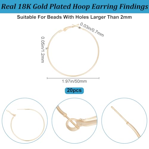 Beebeecraft 1 Box 20Pcs Gold Hoop Earring Findings 50mm 18K Gold Plated Brass Beading Hoops Earrings for Beading Jewellery Making Supplies - Image 2