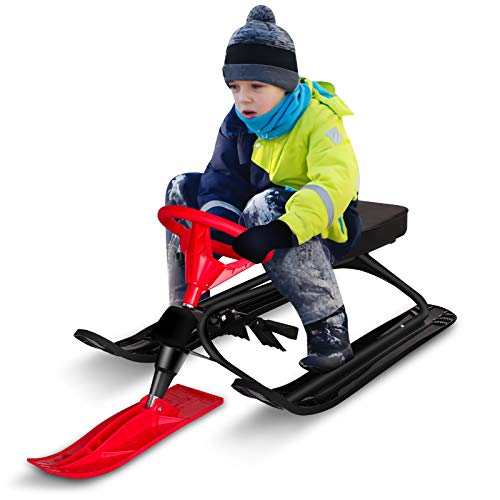 Snow Racer Sled with Steering Wheel and Twin Brakes, Ski Sled Snowboard for Kids Teens and Adults Winter Sport Ski Sled Slider Board for Downhill and Uphill (Snow Sled)