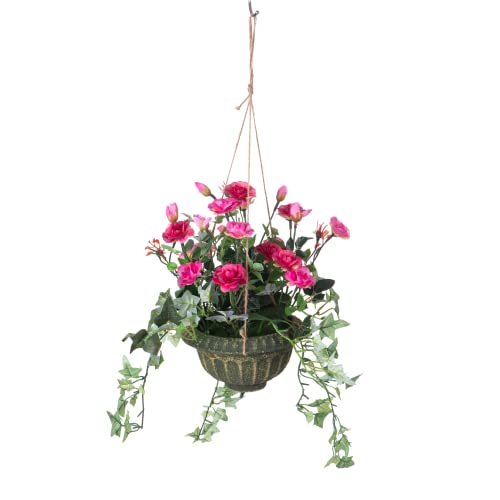 Ivydale Artificial Hanging Rose Flowers In Basket, Artificial Hanging Plant In Coconut Lining Basket, Silk Mini Rose Flower Arrangement For Home Decoration Outdoor Indoor Garden Yard #TOP1