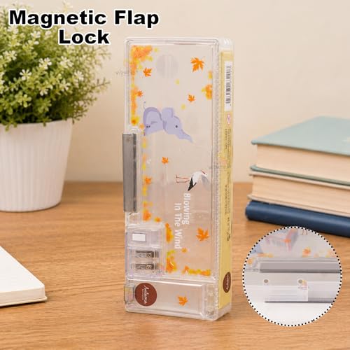 Image of WISHKEY Pencil Box for Kids, Cartoon Themed Pencil Box with Dual in-Built Sharpener, Spacious Stationery Case for School Students, Dual Compartment Box with Magnetic Lock (Pack of 1, Assorted)
