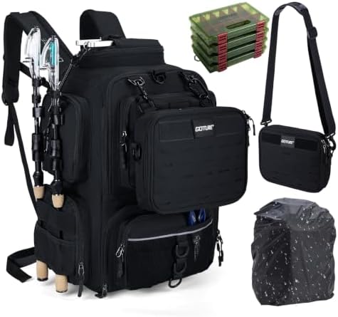 Goture Angelrucksack 45L, 4 Köderboxen, 2 Rutenhalter, Regenschutz | 900D Oxford-Gewebe, wasserabweisend, inkl. zusätzlicher Ködertasche, ideal für Angeltouren, Camping & Outdoor-A