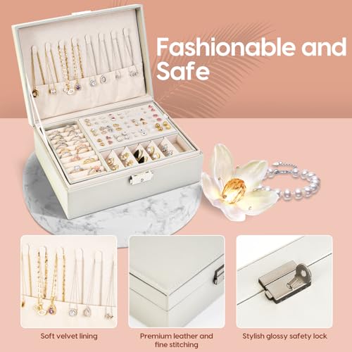 BULLA Jewellery Box, 2 Layer Jewellery Organiser with Lock, Jewellery Box for Women with Removable Tray, Earring Box for Necklace Earrings Rings Bracelets (White) - Cosy Home Interiors BULLA Jewellery Box, 2 Layer Jewellery Organiser with Lock, Jewellery Box for Women with Removable Tray, Earring Box for Necklace Earrings Rings Bracelets (White) - Image 3