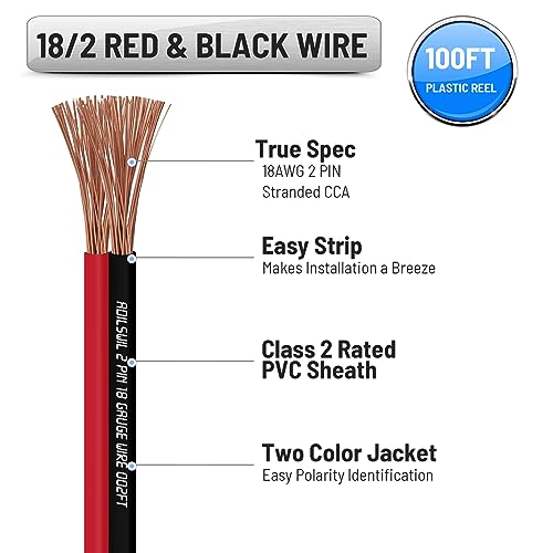ADILSWIL Speaker Wire Cable 18 Gauge 50FT 18/2 AWG CCA Red Black Wire 2 Conductor Bonded Zip Low Voltage Wire DC 12V/24V Stereo Audio Light Car Wire CL2 Electrical Wire for Hookup and Extension