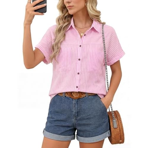 Button Down Shirt for Women Short Sleeve Blouses Dressy Casual Business Work Summer Vacation Tops Hawaii Shirts with Pockets