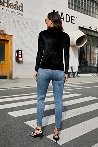 Paodikuai Women's Vintage Velvet Turtleneck Long Sleeve Top Blouse Velour Pullover (A2-Black, Small) #TOP3