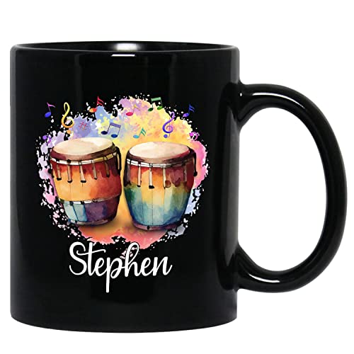 Personalized Choose Name Bongo Drum Musician Instruments Black Coffee Mugs Cups 11 Oz 15 Oz, Customized Drum Player Travel Coffee Cup Gifts For Men Women Bongo Drum Lover, Bongo Drum Ceramic Tea Cup