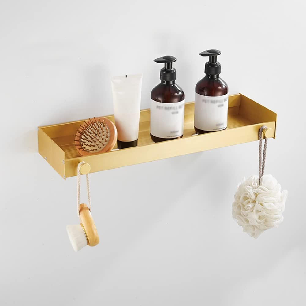 ZJHFFFG Bathroom Shelf Brushed Gold Aluminum Shower Caddy Wall-Mounted Shower Storage Rack with Hook Bar Cosmetics Shampoo Organizer