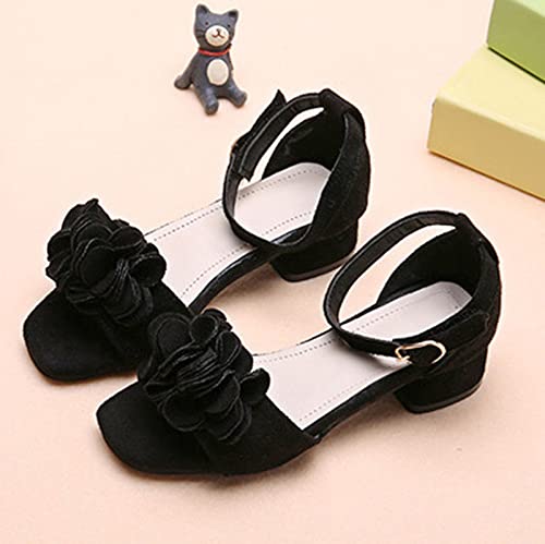 Girls Sandals Low Heels Dress Pump Ankle Strap Open Toe Flower Girl Wedding Party Sandals for Toddler Little Kid (Black, 9-9.5 Years Big Kids)3