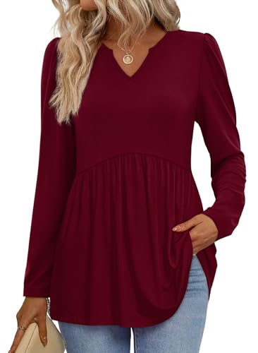 WIHOLL - Women Blouses Dressy Casual Long Sleeve Work Shirts Babydoll Tops for Women Maternity Clothes Christmas Outfits Red L