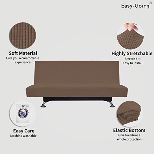 Image of Easy-Going Stretch Large Futon Slipcover Armless Futon Cover Brown | Sofa Bed Furniture Protector Without Armrests with Elastic Bottom for Kids, Soft Jacquard Machine Washable