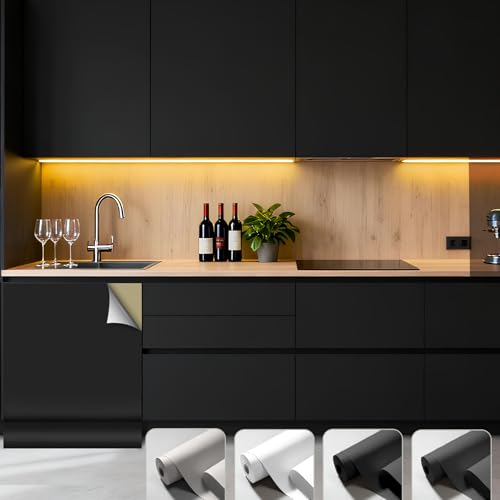 Klebefolie Möbel Schwarz Matt Tapete 40 x 550 cm, Selbstklebende Folie Möbel Matt, Küchenfolie Schrankfolien, Wasserdicht Klebefolie Küche, PVC Dekofolie für Schränke, Fensterbank
