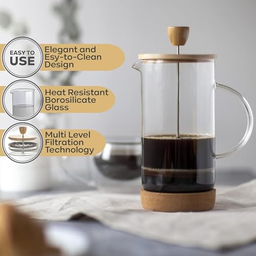 Image of French Press Coffee Maker 34 Ounce, Cold Brew Coffee Maker, Stainless Steel French Press Glass, Heat-resistant Thickened Borosilicate Glass, Eco-friendly Bamboo lid, Cork Base