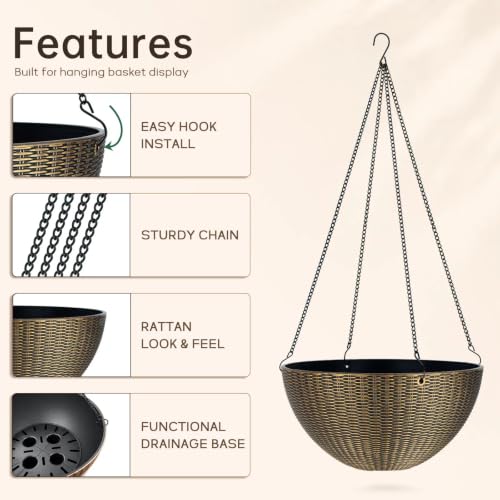 ZMTECH 2 Pack 12 Inch Rattan-Look Hanging Planter Baskets for Indoor Outdoor Plants, Hanging Flower Pots with Drainage Plug & Metal Chain,Hanging Basket for Porch Patio Garden Decor Bronze by ZMTECH - Used condition - Image 3