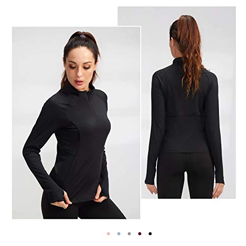 TERODACO Long Sleeve Running Top Womens Half Zip Thumb Loops UPF 50 Ladies Base Layer Top for Hiking Cycling Equestrian Gym Sports Riding Shirts Quick-Drying Breathability Wicking 506 Black S - Image 4