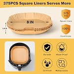 375Pcs Air Liners de papier Fryer, 8" Carré Air Fryer Liners Jetable, papier de parchemin lourd pour 5-8 qt Airfrier, non-brillant & Liners en papier non-levés pour poêle à four, pièces de friteuse profonde & Accessoires