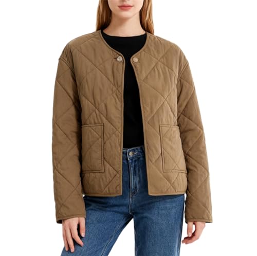 Amazhiyu Womens Quilted Jacket, Winter Lightweight Diamond Quilted Jacket with Pockets, Ladies Long Sleeves Warm Button Padded Coats Brown M
