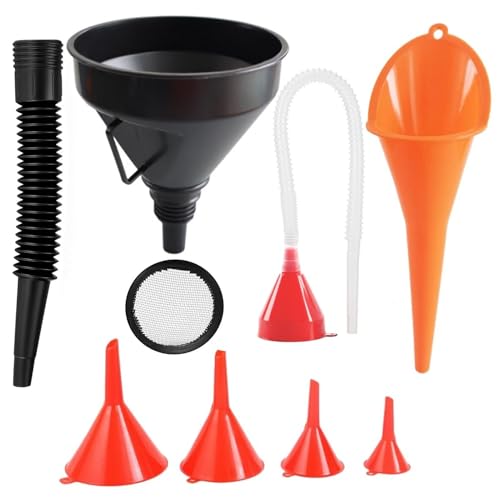SEPSCO Entonnoir Voiture 7Pcs, Universel Entonnoirs Remplissage Plastique Carburant-Huile Essence Ntonnoir avec Filtre et Extension Flexible Angle Droit Long...