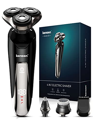 Electric Razor KENSEN 4 in1 Electric Shaver for Men with Beard Trimmer, Nose Trimmer, Rechargeable Wet & Dry Rotary Shaver IPX6 Waterproof Pop-Trimmer