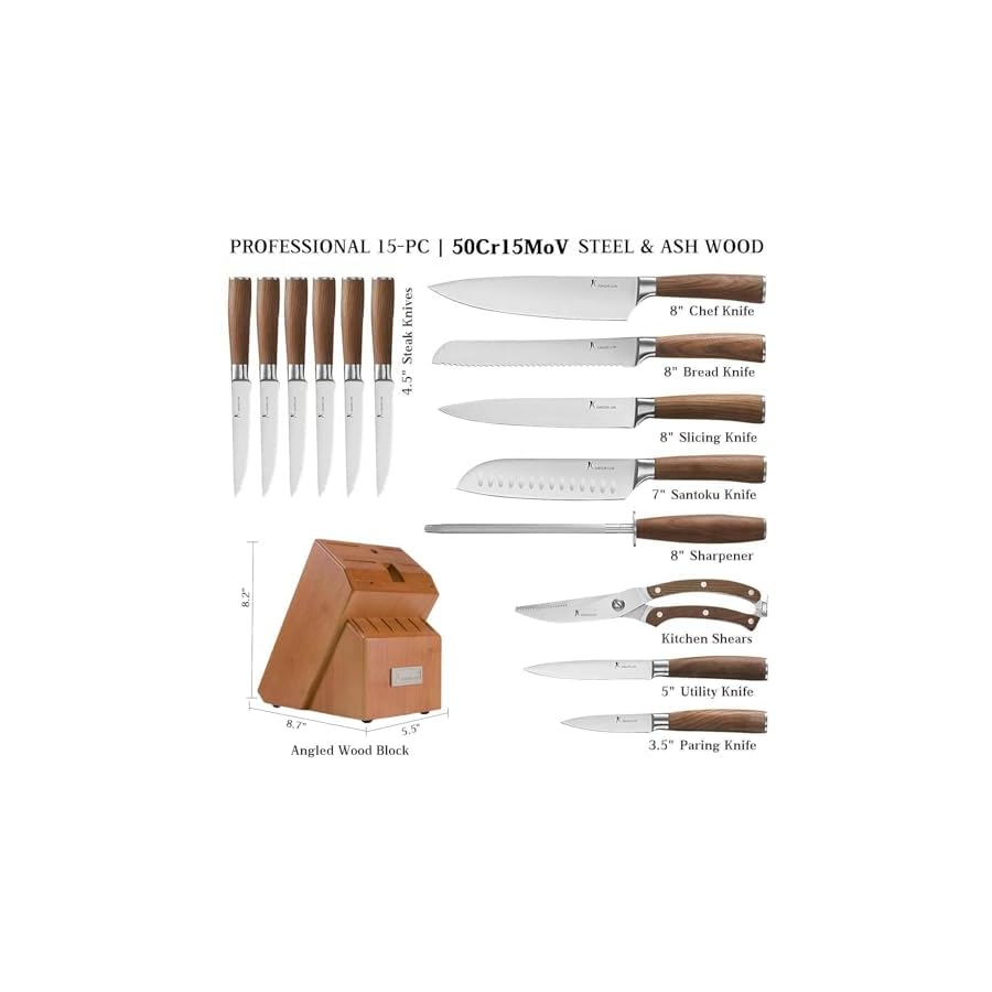 Kangdelun-Ultra-Sharp-15-Piece-Knife-Set-50Cr15MoV-High-Carbon-Stainless-Steel-Torrefied-Brown-Ash-Wood-Handles-Angled-Golden-Brown-Wood-Block-Easy-Hand-Wash-Gift-Box Kangdelun Ultra Sharp 15-Piece Knife Set, 50Cr15MoV High-Carbon Stainless Steel, Torrefied Brown Ash Wood Handles, Angled Golden Brown Wood Block, Easy Hand Wash, Gift Box