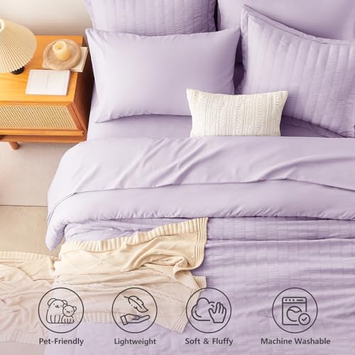Image of CozyLux Full Size Comforter Sets Light Purple, 7 Pieces Seersucker Textured Luxury Bed in a Bag Lavender, All-Season Bedroom Bedding Sets with Down Alternative Comforter, Sheets, Pillowcases & Shams